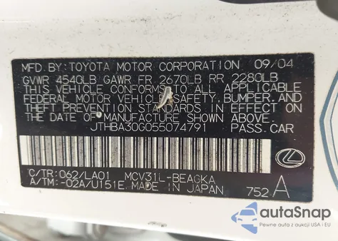 2005 Lexus Es 330 z USA, uszkodzony, nr VIN JTHBA30G055074791